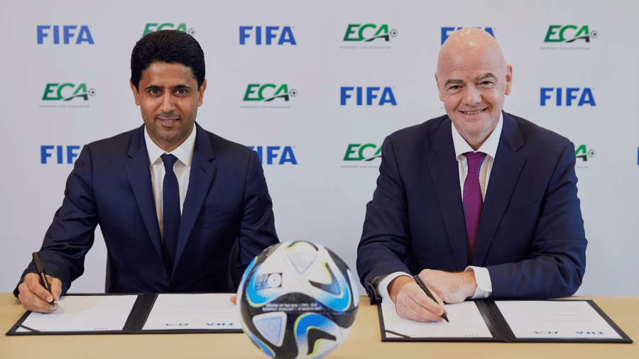 Nasser Al-Khelaïfi e Gianni Infantino oficializam acordo entre ECA e Fifa. - Reprodução/Fifa