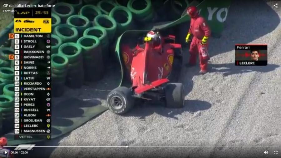 Charles Leclerc bateu em barreira de pneus e a corrida em Monza, na Itália, teve de ser interrompida  - Reprodução/Globo