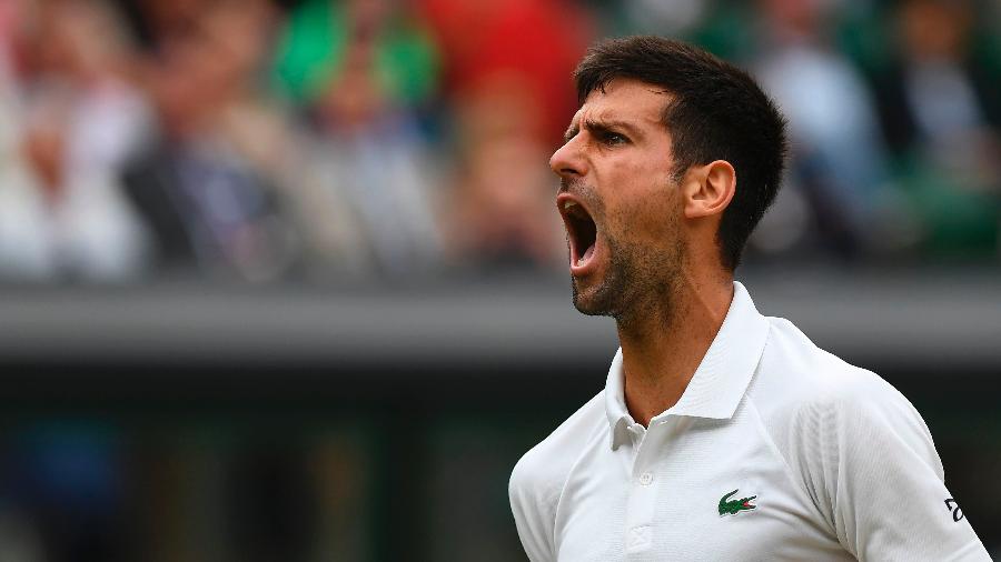 Novak Djokovic comemora ponto conquistado contra Adrian Mannarino em Wimbledon - Glyn Kirk/AFP