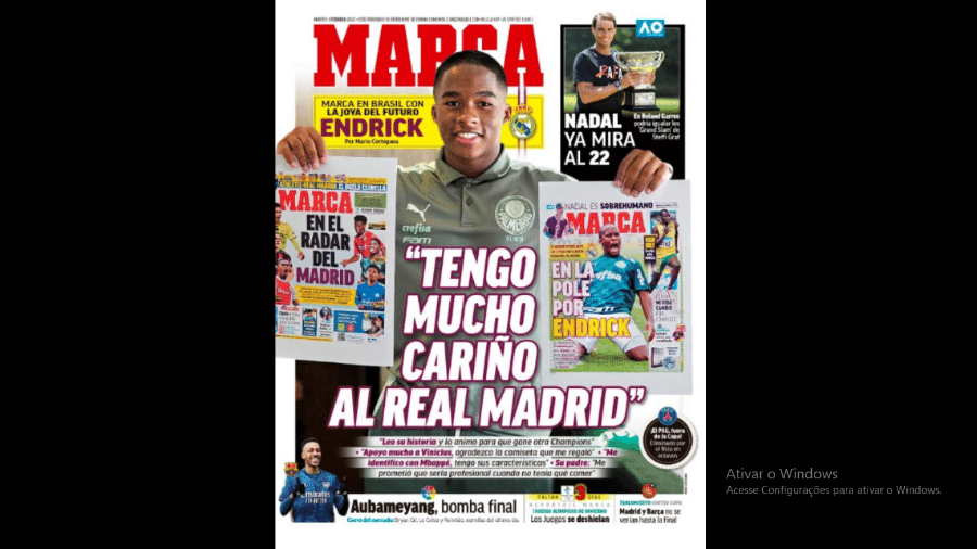 Endrick sai novamente na capa do jornal Marca e declara preferência pelo Real - Reprodução web: Twitter Marca