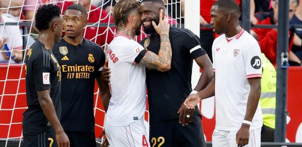 Ramos Rudiger Sergio Ramos aperta bochecha de Rudiger em Sevilla x Real Madrid; veja