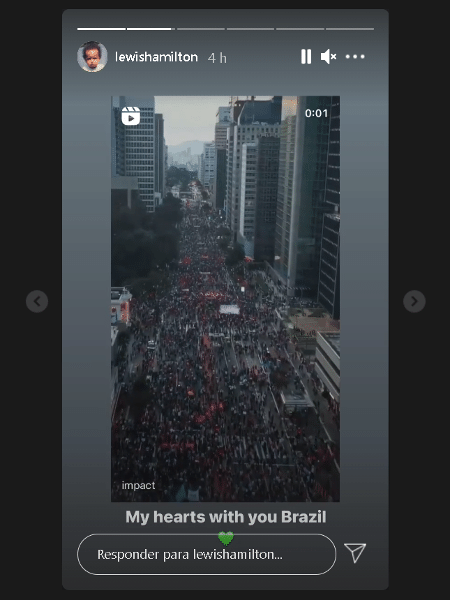 O piloto Lewis Hamilton enviou mensagem de apoio aos manifestantes brasileiros - Reprodução