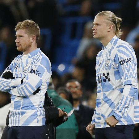 Kevin De Bruyne (esquerda) e Erling Haaland (direita), do Manchester City. - CRAIG BROUGH/REUTERS