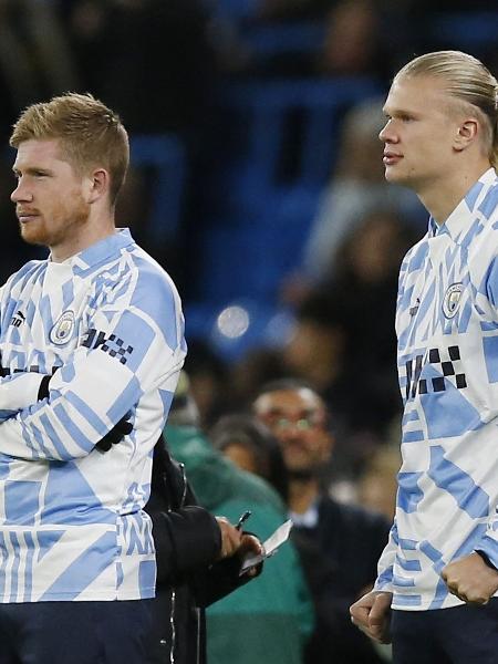 Kevin De Bruyne (esquerda) e Erling Haaland (direita), do Manchester City. - CRAIG BROUGH/REUTERS