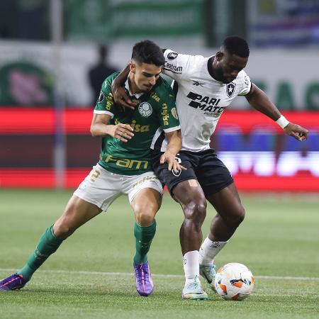 Flaco López e Bastos disputam a bola durante jogo entre Palmeiras e Botafogo, pela Libertadores