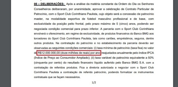 Ata da reunião do BMG mostra patrocínio de R$ 12 milhões com o Corinthians - Reprodução - Reprodução