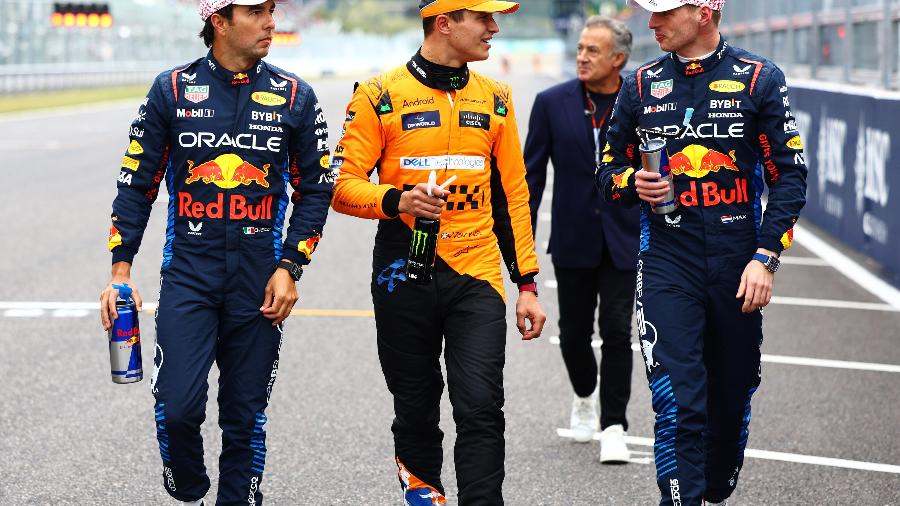 Os três primeiros colocados no grid do GP do Japão: Verstappen, Perez e Norris