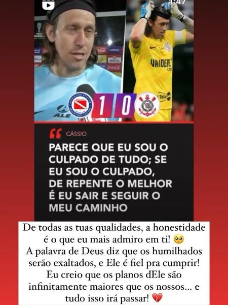Janara Sackl, esposa de Cássio, usou suas redes sociais para defender o jogador após a derrota do Corinthians para o Argentinos Juniors