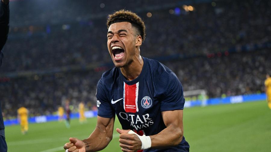 Doué comemora gol do PSG sobre a Inter de Milão em final da Champions League Doué comemora gol do PSG sobre a Inter de Milão em final da Champions League