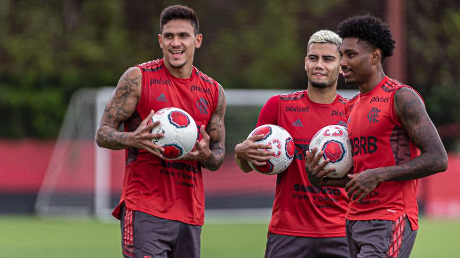 Pedro, Andreas Pereira e Vitinho em treino do Flamengo - Paula Reis/CRF