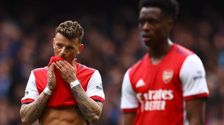 Jogadores do Arsenal lamentam derrota para o Brighton, em jogo do Campeonato Inglês - David Klein / Reuters