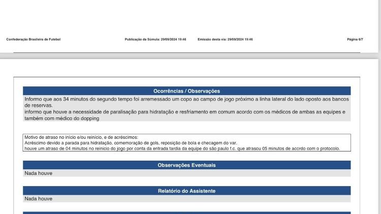 Trecho da súmula de São Paulo x Corinthians, pelo Brasileirão