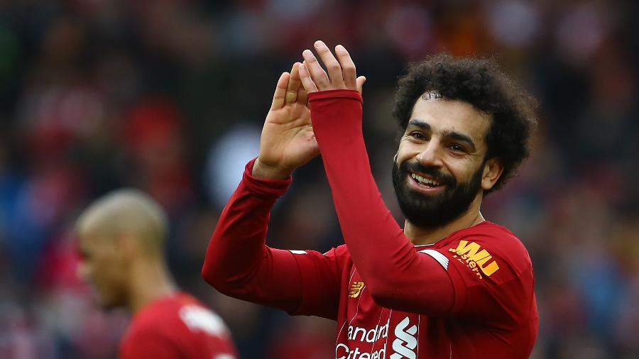 Mohamed Salah comemora gol do Liverpool em jogo do Campeonato Inglês - Geoff Caddic/AFP