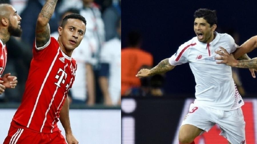 Thiago Alcântara e Banega não fazem mais parte dos elencos de Bayern e do Sevilla, respectivamente  - Osman Orsal/Reuters e Kirill Kudryavtsev/AFP