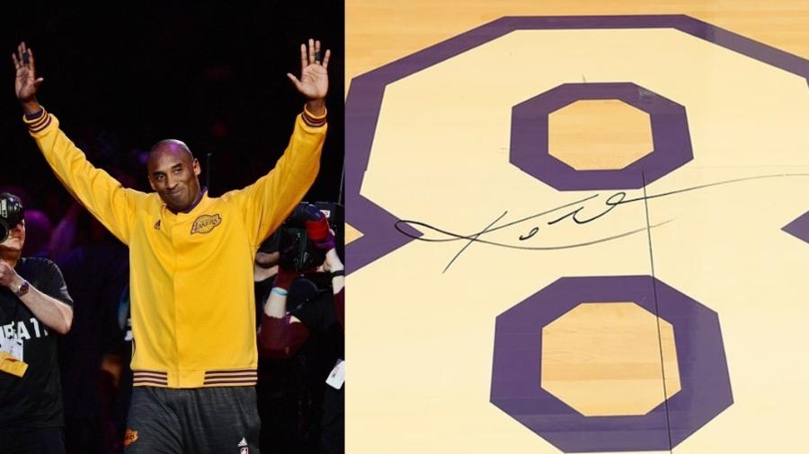 Piso de último jogo de Kobe Bryant na NBA é leiloado por R$ 3,5 milhões - montagem com fotos Robert Hanashiro-USA TODAY Sports e Heritage Auctions