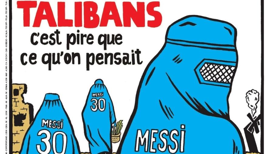 Conhecida pelo sarcasmo em suas publicações, Charlie Hebdo colocou mulheres com burcas que simulam camisa do argentino - Reprodução/Twitter