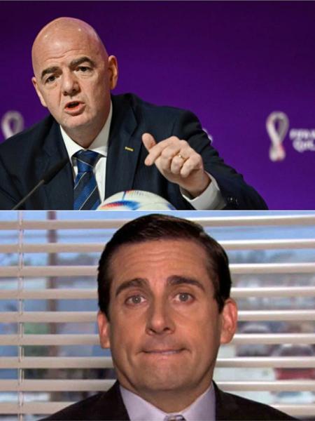 Presidente da Fifa, Gianni Infantino (acima), e personagem principal do The Office, Michael Scott (abaixo) - France-Press/Getty Images | Reprodução