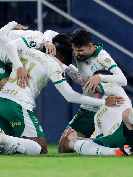 Luis Guilherme e seus companheiros comemoram gol do Palmeiras sobre o Del Valle em jogo da Libertadores