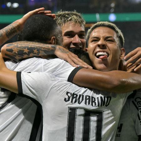 Jogadores do Botafogo comemoram gol durante jogo contra o Palmeiras, pela Libertadores