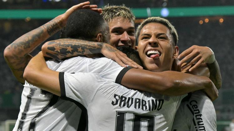 Jogadores do Botafogo comemoram gol durante jogo contra o Palmeiras, pela Libertadores