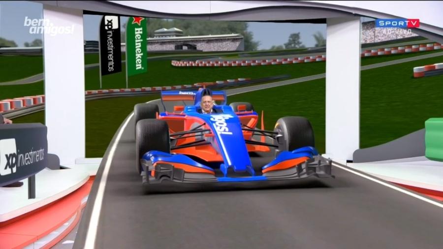 Galvão "dirige" carro virtual da Fórmula 1 no programa "Bem, Amigos!" (SporTV); veja outros momentos automotivos na sua carreira - Reprodução/SporTV