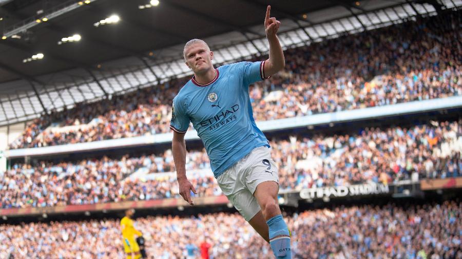 Haaland comemora gol do Manchester City sobre o Brighton - Visionhaus/Visionhaus/Getty Images