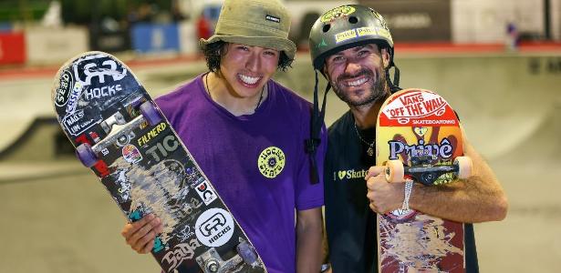 Augusto Akio, o Japinha, e Pedro Barros: prata e bronze no Mundial de skate park