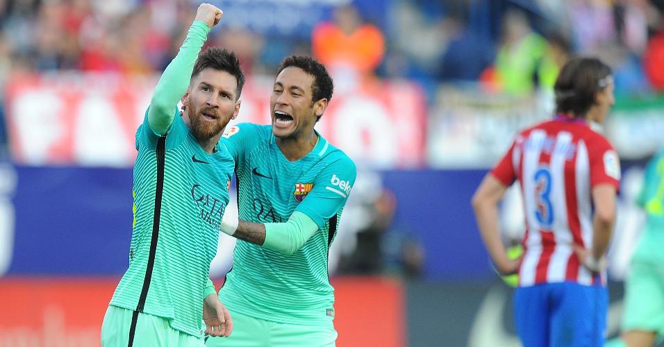 Messi e Neymar comemoram gol da vitória sobre o Atlético de Madri