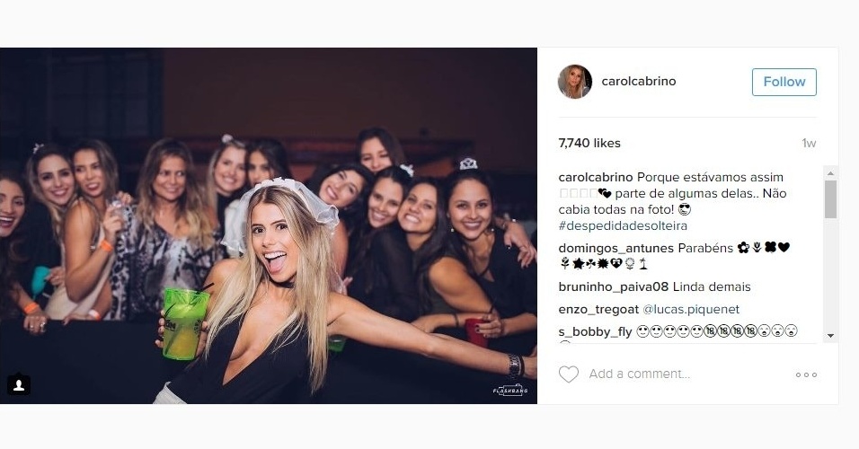 Carol Cabrino fez uma super festa de despedida de solteira. Na última sexta-feira, ela reuniu as amigas em uma casa noturna de São Paulo. Carol chegou ao evento em uma limusine branca e postou fotos cheia de animação.