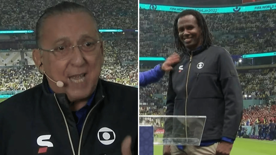 Galvão Bueno e Roque Jr em transmissões da Globo na Copa do Mundo 2022. - Reprodução/TV Globo