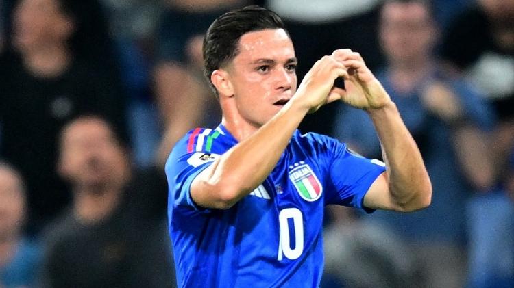 Raspadori comemora gol marcado pela Itália contra a Moldávia nas Eliminatórias Raspadori comemora gol marcado pela Itália contra a Moldávia nas Eliminatórias