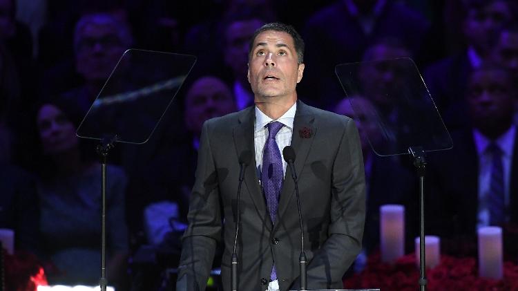 Rob Pelinka at Kobe Bryant's funeral at the Staples Center;  today coach, former player agent - Kevork Djansezian / APF - Kevork Djansezian / APF