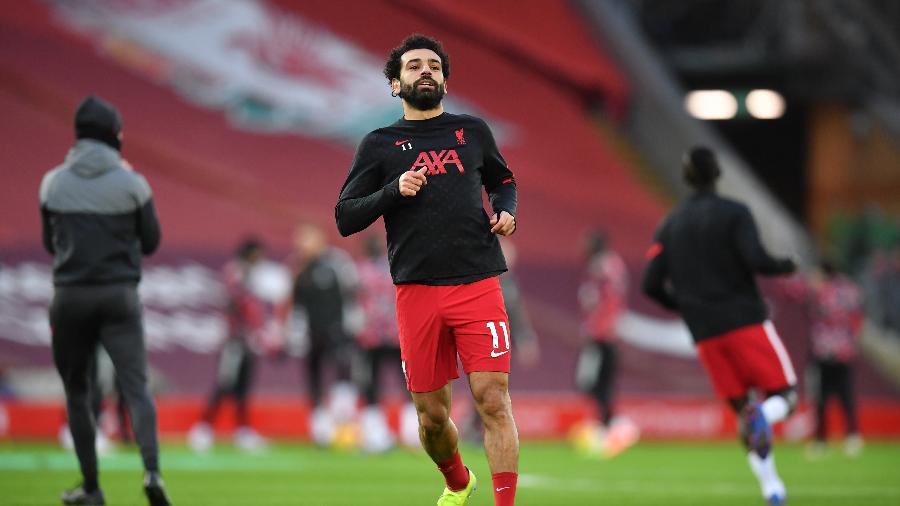 Mohamed Salah, durante aquecimento antes da partida entre Liverpool e Manchester United - Paul Ellis - PA Images/PA Images via Getty Images