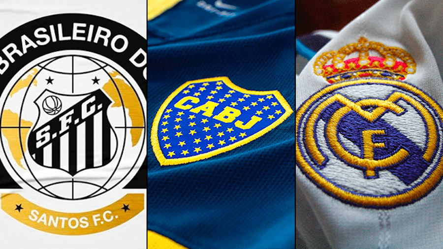 Escudos do Santos, Boca Juniors e Real Madrid