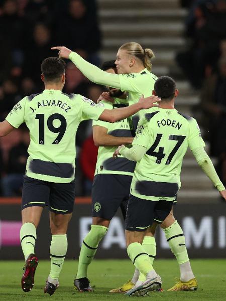 Manchester City comemora gol sobre o Bournemouth pelo Inglês - ADRIAN DENNIS / AFP