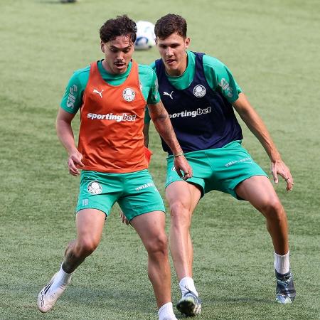 Maurício e Benedetti, do Palmeiras, durante treinamento no Allianz Parque.