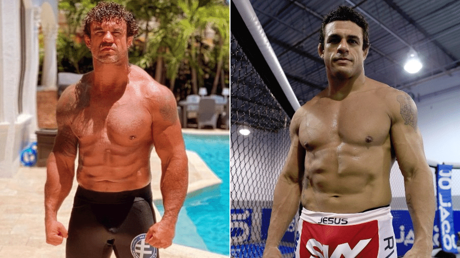 À esquerda, a forma física atual de Vitor Belfort. À direita, a forma em 2012, quando enfrentou Jon Jones - Reprodução/Instagram - Chris Trotman/Getty Images