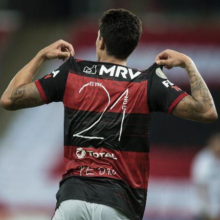 Pedro exibe número da camisa após marcar para o Flamengo contra o Goiás - Jorge Rodrigues/AGIF