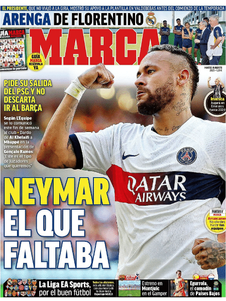 Neymar estampa a capa de amanhã (8) do jornal Marca