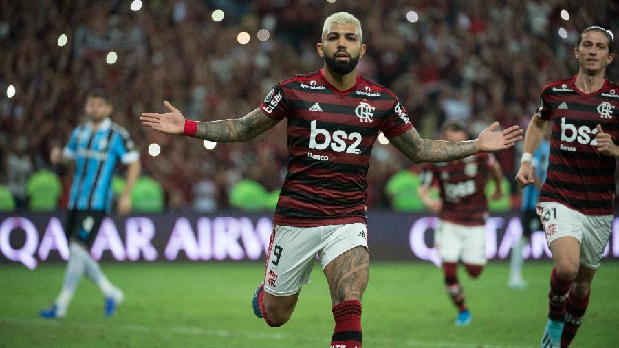 Gabigol comemora um dos gols da goleada do Flamengo por 5 x 0 sobre o Grêmio na Libertadores de 2019 - Alexandre Vidal/Flamengo