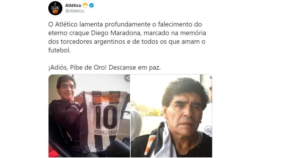 Galo publica foto de Maradona com uniforme do clube para se despedir do eterno craque - Reprodução