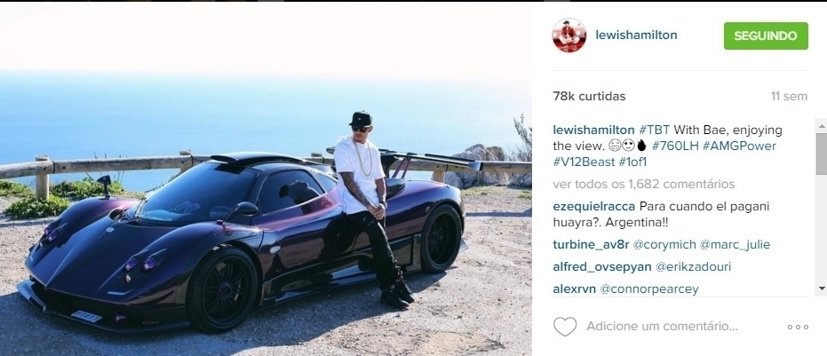 O piloto de F-1 Lewis Hamilton curte mostrar seus carrões esportivos no Instagram.