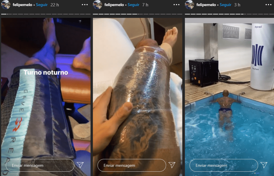 Felipe Melo publicou em seu Instagram fotos e vídeos em que faz tratamento na coxa esquerda