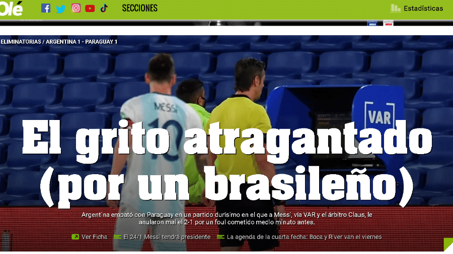 "Olé" destacou a interferência da arbitragem brasileira no empate entre Argentina e Paraguai - Reprodução