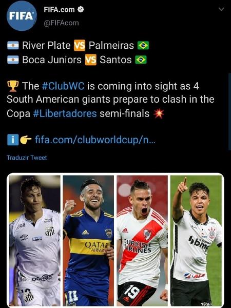 Fifa coloca Roni, do Corinthians, no lugar de atleta do Palmeiras em publicação sobre a semifinal da Libertadores - Reprodução/Twitter