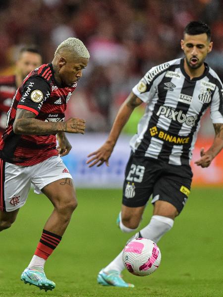 Marinho e Camacho brigam pela bola em Flamengo x Santos, jogo do Campeonato Brasileiro - Thiago Ribeiro/AGIF