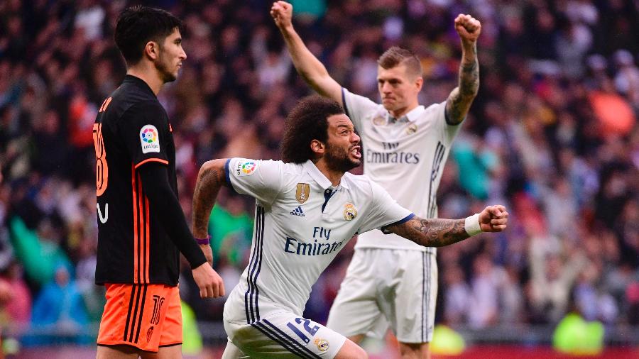 Marcelo comemora o gol da vitória do Real sobre o Valencia - Pierre-Philippe Marcou/AFP Photo