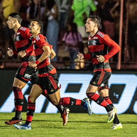 Jogadores do Flamengo comemoram gol de Weliton sobre o Aster, na Copinha