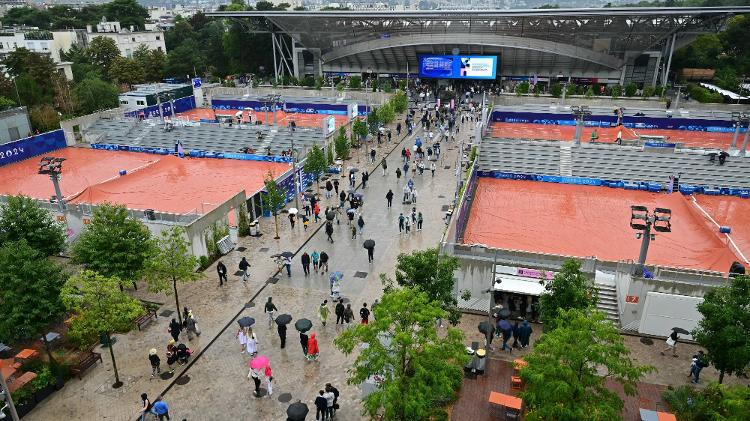 Quadras de Roland Garros molhada por causa da chuva nas Olimpíadas de Paris 2024