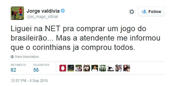 Valdivia cornetou o Corinthians em mensagem no Twitter - Reprodução/Twitter